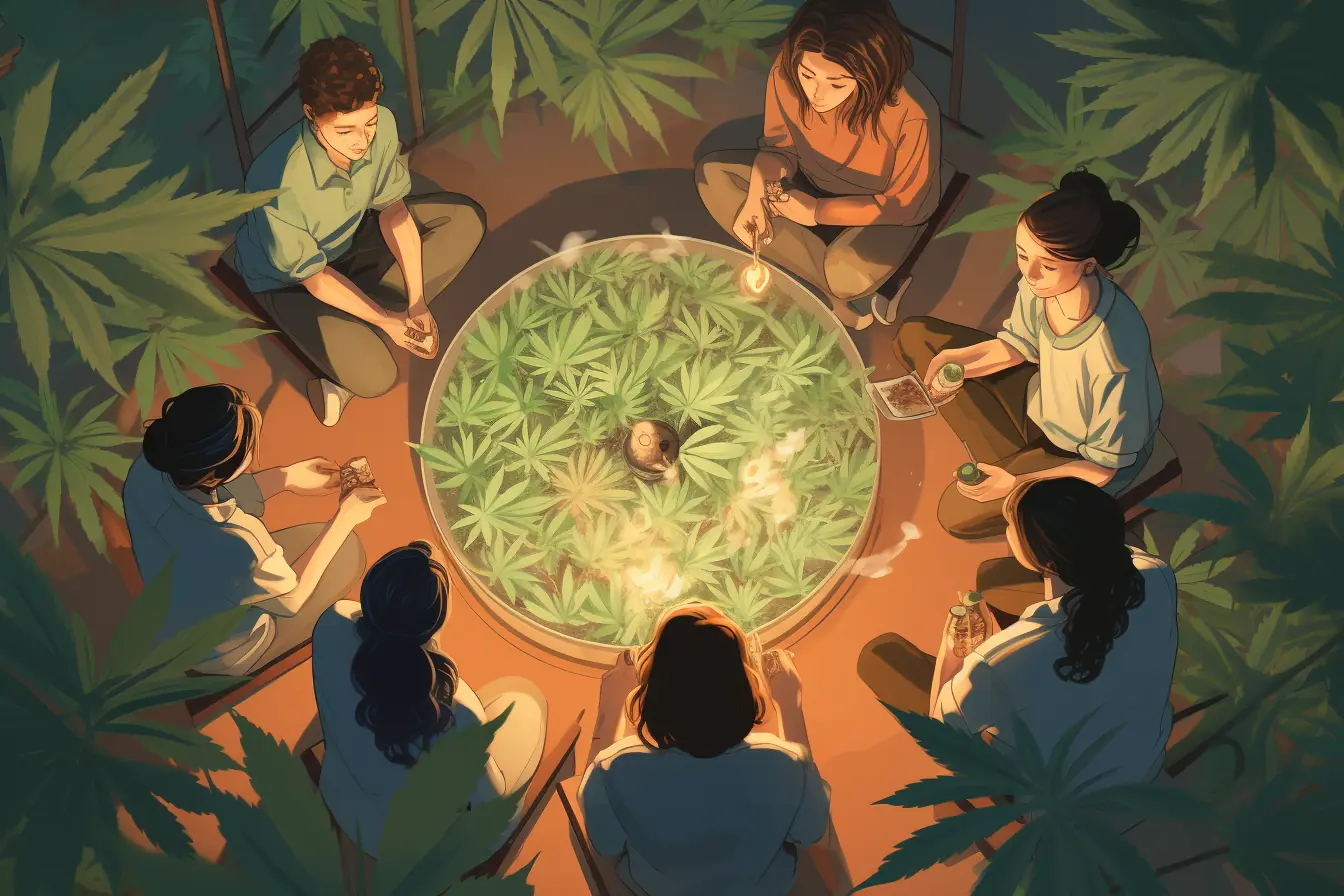 Um die Blätter der Cannabispflanze, die ihr Emblem sind, gruppieren sich die Mitglieder des Cannabis Social Club in Wiesbaden im Kreis. Zum chilligen Rauchen lockt ein Kreis aus Blättern der Cannabispflanze, der das Erkennungszeichen des Cannabis Social Clubs in Wiesbaden ist.