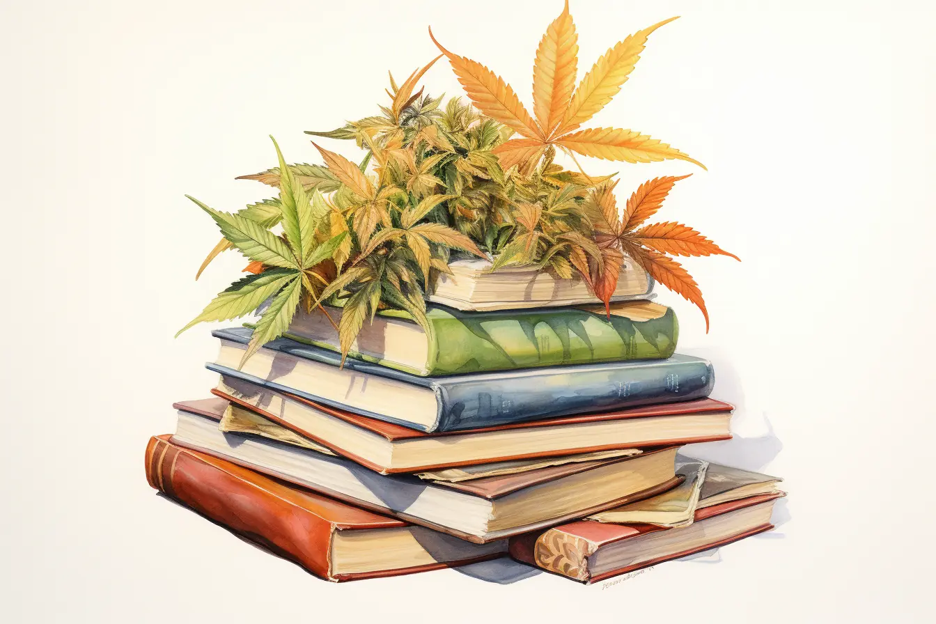 Eine beeindruckende Kombination aus Cannabisblättern und Büchern zeigt die Vielzahl von Natur und Wissen. Eine Pflanze, die viele Bezeichnungen hat, Cannabis, versteckt farbenfrohe Bücher, die das Lesevergnügen fördern.
