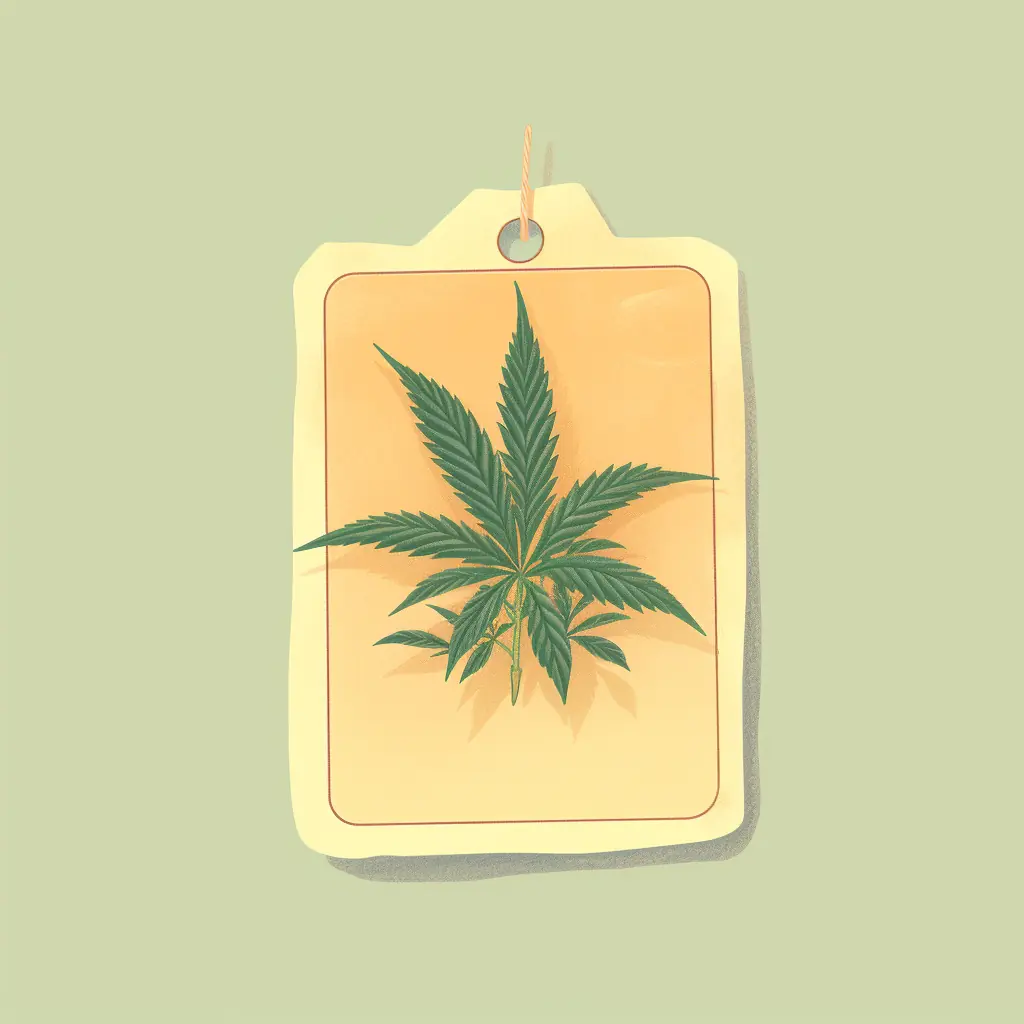 Ein Preisschild und ein Cannabisblatt in zartem Farbspiel passen zusammen Ein anmutiges Cannabisblatt in zarten Farben verziert das Preisschild, das das Markenzeichen des charmanten Cannabis-Social-Clubs in Wiesbaden ist.