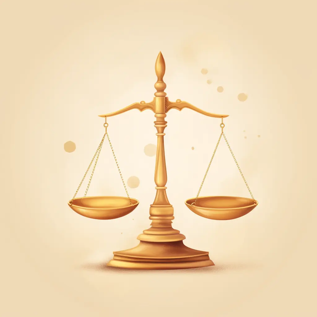 Das Recht wird durch eine schlichte und edle Darstellung symbolisiert, die eine Waage in zarten Farben darstellt. Vor einem hellen Hintergrund ist ein strahlendes Symbol für die Gerechtigkeit zu sehen.