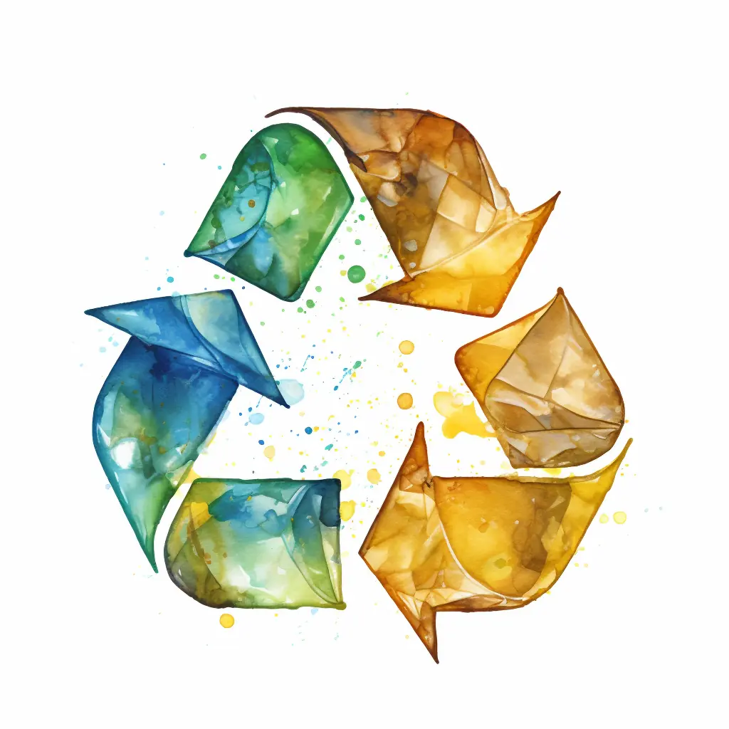 Ein kreatives Recycling-Symbol in zarten Farbtönen ist ein künstlerischer Appell für Umweltschutz, das wie eine Mischung aus Wirklichkeit und Skizze wirkt. Ein Recycling-Zeichen in einer markanten Farbe ist auf einem weißen Hintergrund angebracht und fesselt die Aufmerksamkeit.
